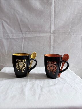 Set of 2 Black Ceramic Coffee Mugs with Spoons - Yellow & Orange Interiors